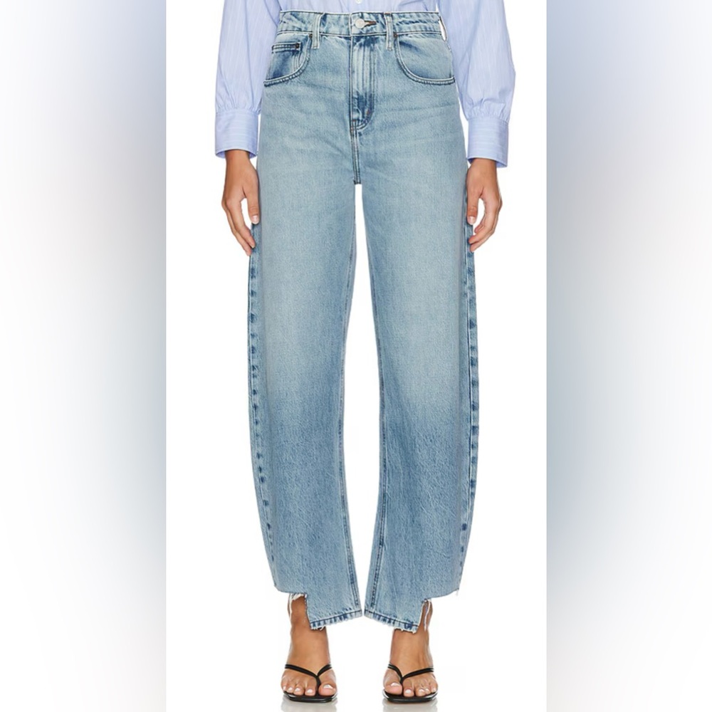 FRAME Denim Long Barrel Released Inside Step Fray in Divine